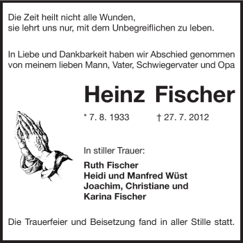 Traueranzeige von Heinz Fischer von Darmstädter Echo, Odenwälder Echo, Rüsselsheimer Echo, Groß-Gerauer-Echo, Ried Echo