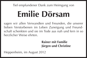Traueranzeige von Emilie Dörsam von Starkenburger Echo