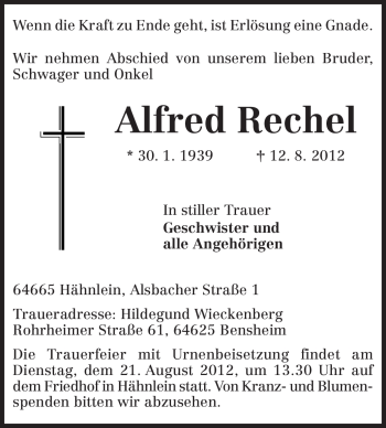 Traueranzeige von Alfred Rechel von Echo-Zeitungen (Gesamtausgabe)