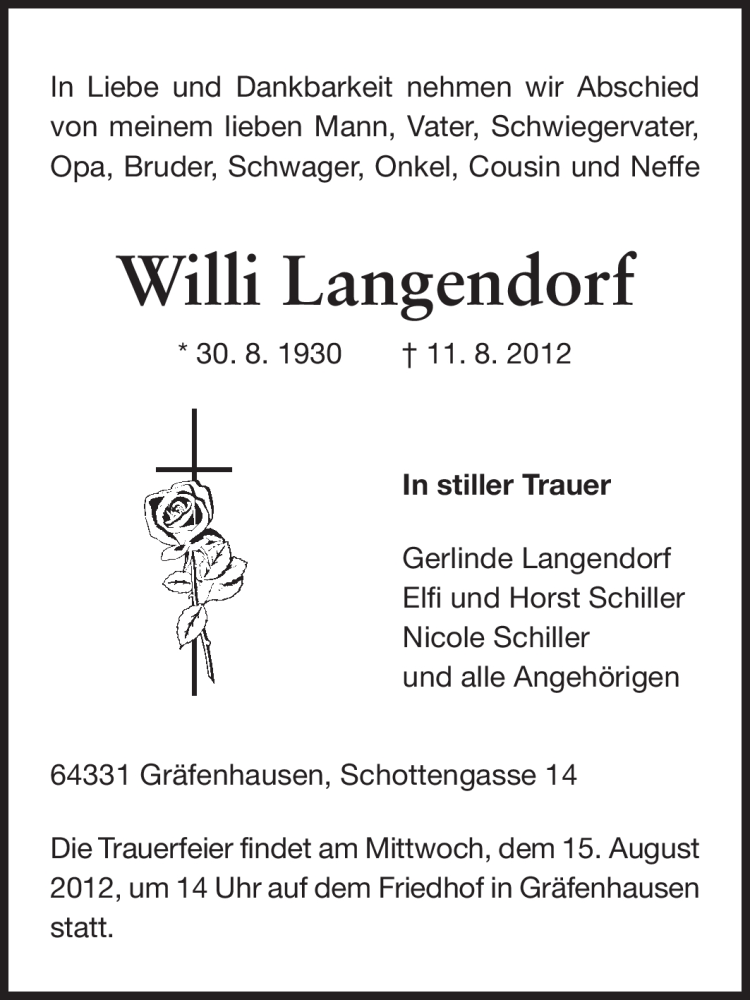  Traueranzeige für Willi Langendorf vom 14.08.2012 aus Echo-Zeitungen (Gesamtausgabe)