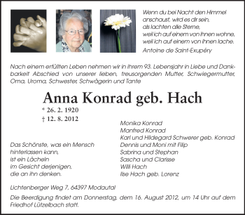 Traueranzeige von Anna Konrad von Echo-Zeitungen (Gesamtausgabe)