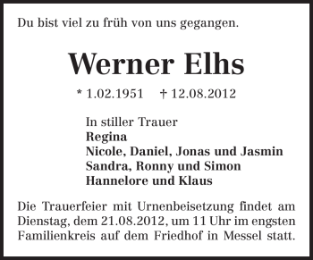 Traueranzeige von Werner Elhs von Echo-Zeitungen (Gesamtausgabe)