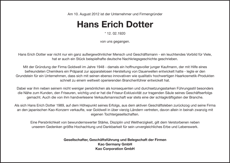  Traueranzeige für Hans Erich Dotter vom 15.08.2012 aus Echo-Zeitungen (Gesamtausgabe)