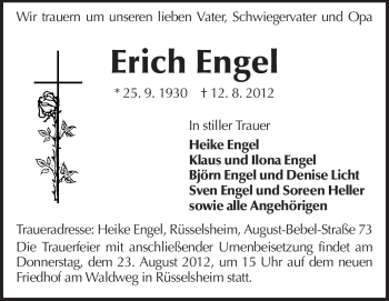 Traueranzeige von Erich Engel von Rüsselsheimer Echo, Groß-Gerauer-Echo, Ried Echo