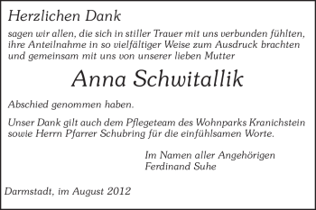 Traueranzeige von Anna Schwitallik von Darmstädter Echo, Odenwälder Echo, Rüsselsheimer Echo, Groß-Gerauer-Echo, Ried Echo