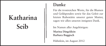 Traueranzeige von Katharina Seib von Echo-Zeitungen (Gesamtausgabe)