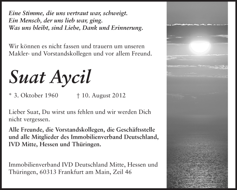  Traueranzeige für Suat Aycil vom 15.08.2012 aus Echo-Zeitungen (Gesamtausgabe)