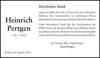Traueranzeige von Heinrich Pertgen von Rüsselsheimer Echo, Groß-Gerauer-Echo, Ried Echo