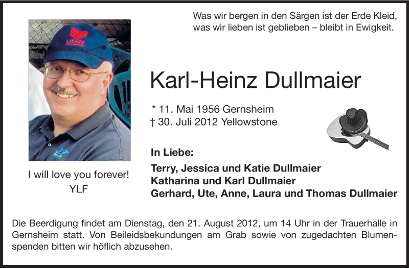  Traueranzeige für Karl-Heinz Dullmaier vom 18.08.2012 aus Rüsselsheimer Echo, Groß-Gerauer-Echo, Ried Echo