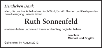 Traueranzeige von Ruth Sonnenfeld von Rüsselsheimer Echo, Groß-Gerauer-Echo, Ried Echo