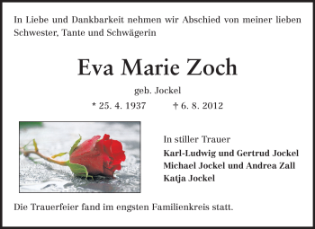 Traueranzeige von Eva Marie Zoch von Darmstädter Echo, Odenwälder Echo, Rüsselsheimer Echo, Groß-Gerauer-Echo, Ried Echo