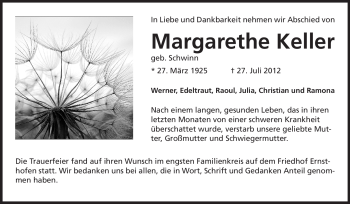 Traueranzeige von Margarethe Keller von Echo-Zeitungen (Gesamtausgabe)