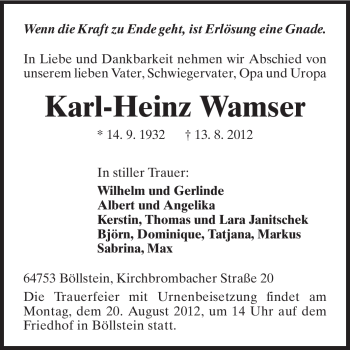 Traueranzeige von Karl-Heinz Wamser von Odenwälder Echo