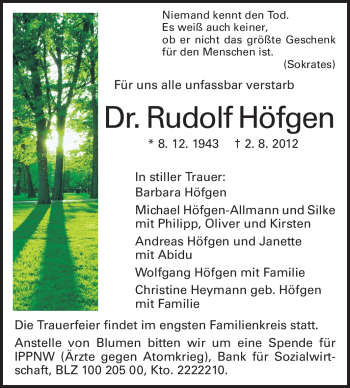 Traueranzeige von Rudolf Höfgen von Echo-Zeitungen (Gesamtausgabe)