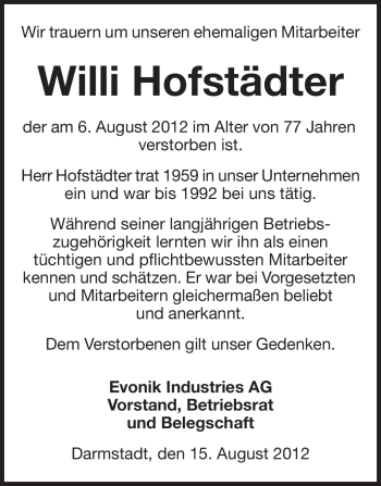 Traueranzeige von Willi Hofstädter von Echo-Zeitungen (Gesamtausgabe)
