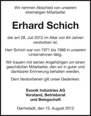 Traueranzeige von Erhard Schich von Echo-Zeitungen (Gesamtausgabe)