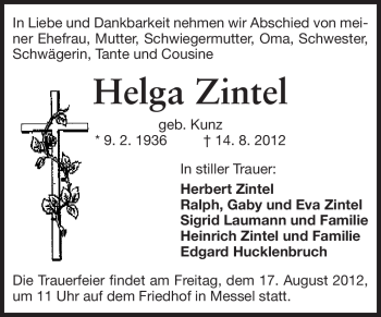 Traueranzeige von Helga Zintel von Echo-Zeitungen (Gesamtausgabe)