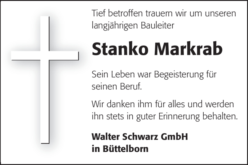  Traueranzeige für Stanko Markrab vom 16.08.2012 aus Echo-Zeitungen (Gesamtausgabe)