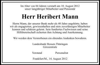 Traueranzeige von Heribert Mann von Rüsselsheimer Echo, Groß-Gerauer-Echo, Ried Echo