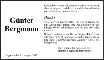 Traueranzeige von Günter Bergmann von Starkenburger Echo