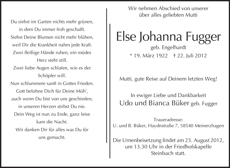  Traueranzeige für Else Johanna Fugger vom 18.08.2012 aus Odenwälder Echo