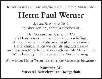 Traueranzeige von Paul Werner von Echo-Zeitungen (Gesamtausgabe)