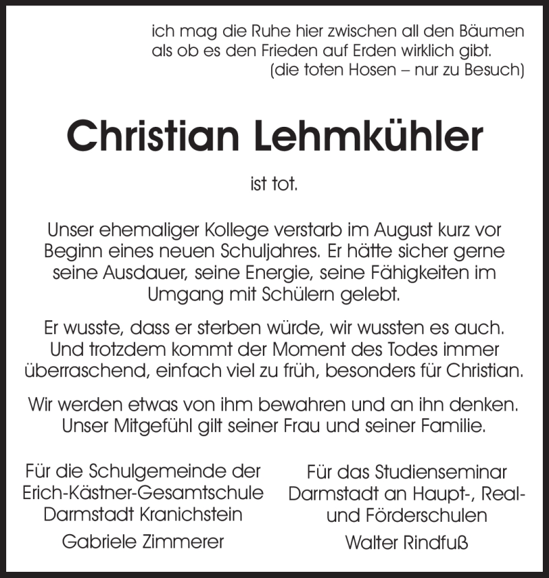  Traueranzeige für Christian Lehmkühler vom 15.08.2012 aus Echo-Zeitungen (Gesamtausgabe)