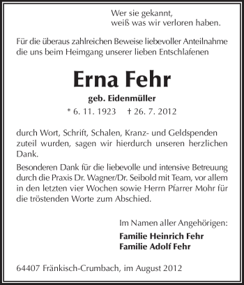 Traueranzeige von Erna Fehr von Odenwälder Echo