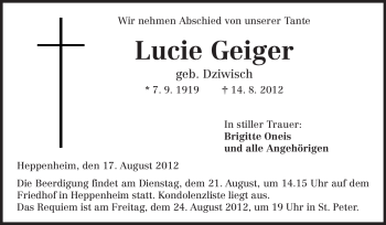Traueranzeige von Lucie Geiger von Starkenburger Echo