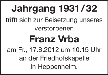 Traueranzeige von Franz Vrba von Starkenburger Echo