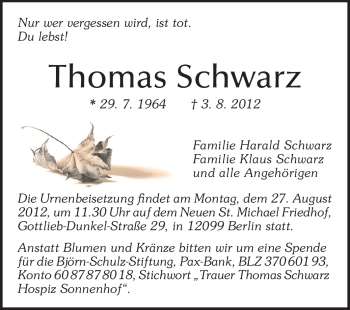 Traueranzeige von Thomas Schwarz von Echo-Zeitungen (Gesamtausgabe)