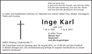 Traueranzeige von Inge Karl von Echo-Zeitungen (Gesamtausgabe)