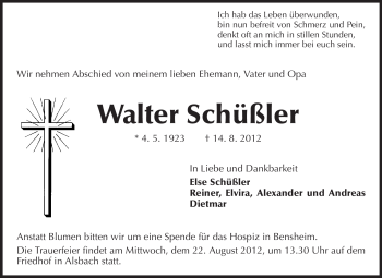Traueranzeige von Walter Schüßler von Echo-Zeitungen (Gesamtausgabe)