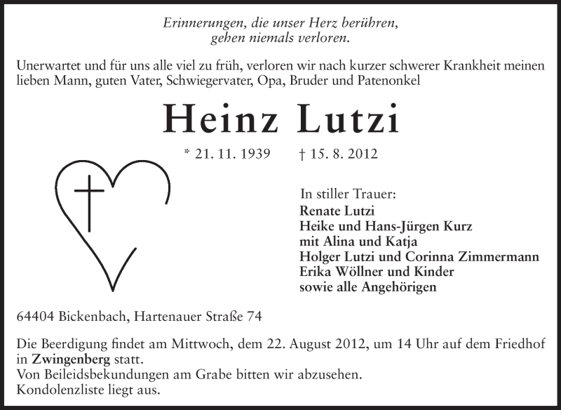  Traueranzeige für Heinz Lutzi vom 18.08.2012 aus Echo-Zeitungen (Gesamtausgabe)
