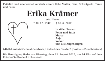 Traueranzeige von Erika Krämer von Echo-Zeitungen (Gesamtausgabe)