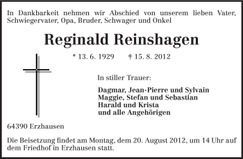 Traueranzeige von Reginald Reinshagen von Echo-Zeitungen (Gesamtausgabe)