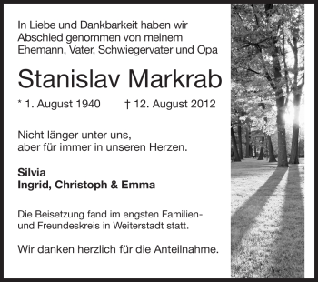 Traueranzeige von Stanislav Markrab von Echo-Zeitungen (Gesamtausgabe)