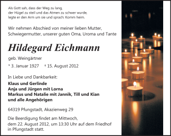 Traueranzeige von Hildegard Eichmann von Echo-Zeitungen (Gesamtausgabe)