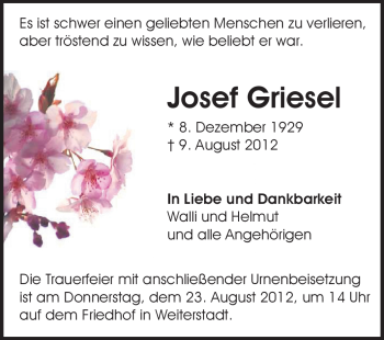 Traueranzeige von Josef Griesel von Echo-Zeitungen (Gesamtausgabe)