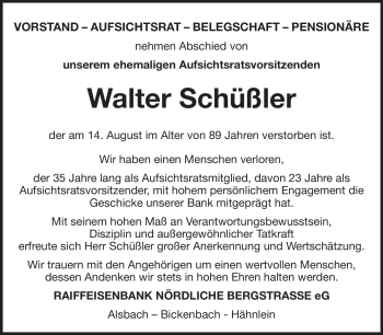 Traueranzeige von Walter Schüßler von Echo-Zeitungen (Gesamtausgabe)