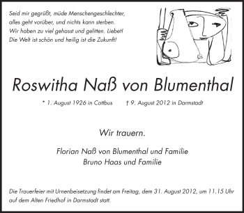 Traueranzeige von Roswitha Naß von Blumenthal von Darmstädter Echo, Odenwälder Echo, Rüsselsheimer Echo, Groß-Gerauer-Echo, Ried Echo