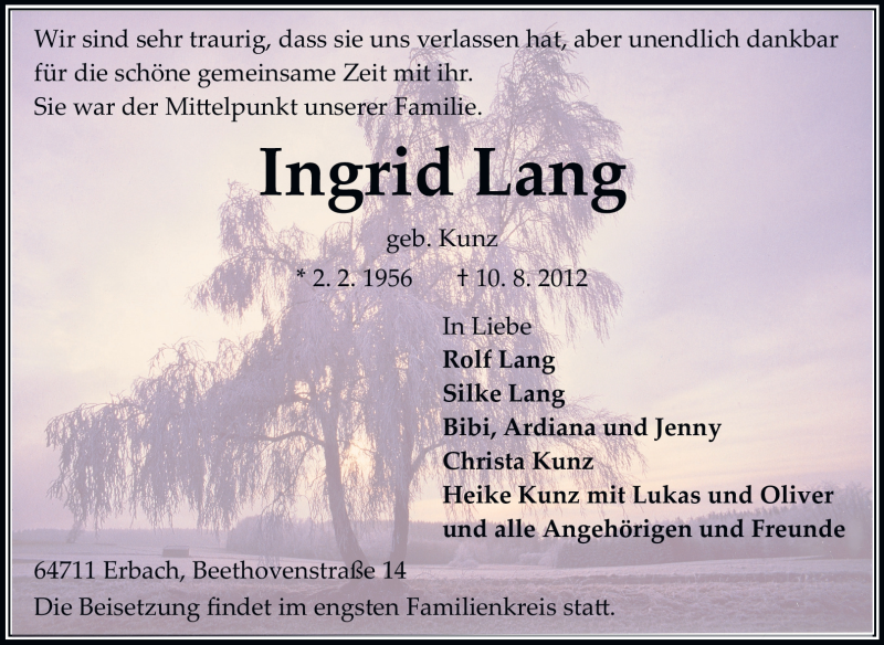  Traueranzeige für Ingrid Lang vom 18.08.2012 aus Odenwälder Echo