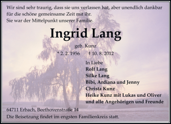 Traueranzeige von Ingrid Lang von Odenwälder Echo