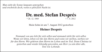 Traueranzeige von Stefan Després von Echo-Zeitungen (Gesamtausgabe)