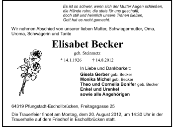 Traueranzeige von Elisabet Becker von Darmstädter Echo, Odenwälder Echo, Rüsselsheimer Echo, Groß-Gerauer-Echo, Ried Echo