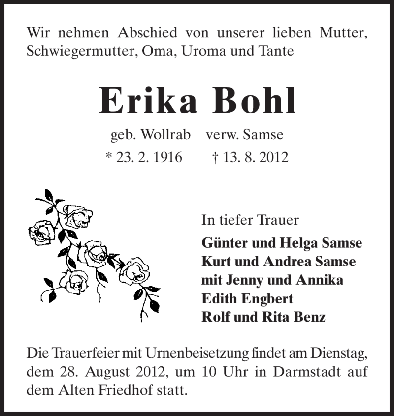  Traueranzeige für Erika Bohl vom 18.08.2012 aus Darmstädter Echo, Odenwälder Echo, Rüsselsheimer Echo, Groß-Gerauer-Echo, Ried Echo