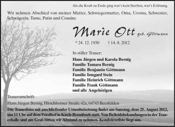 Traueranzeige von Marie Ott von Odenwälder Echo