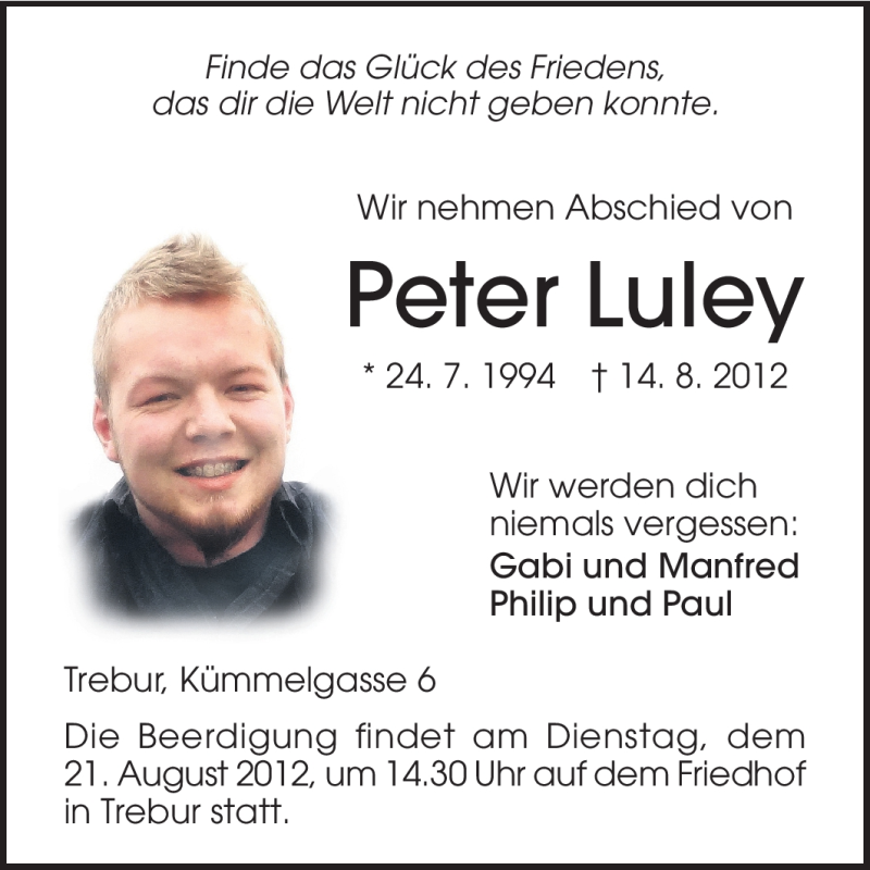  Traueranzeige für Peter Luley vom 18.08.2012 aus Rüsselsheimer Echo, Groß-Gerauer-Echo, Ried Echo