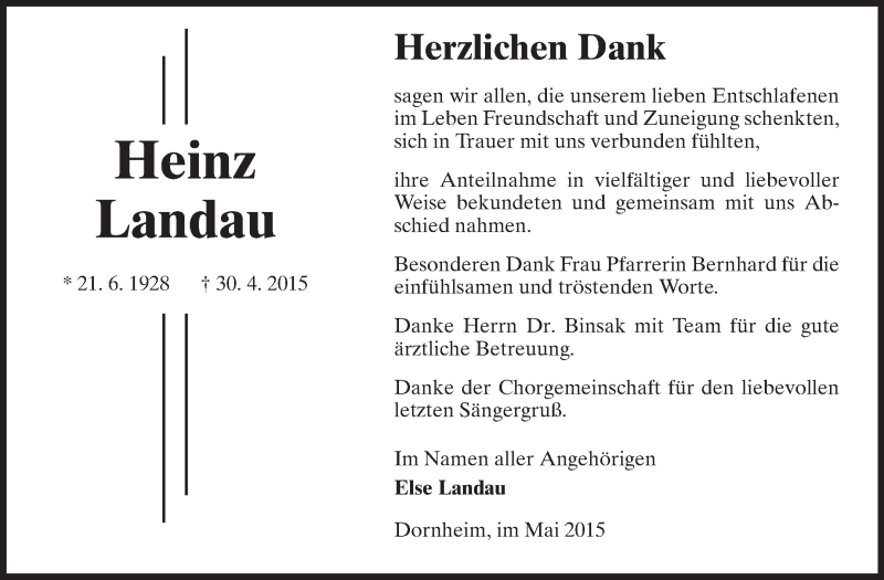  Traueranzeige für Heinz Landau vom 29.05.2015 aus Rüsselsheimer Echo, Groß-Gerauer-Echo, Ried Echo