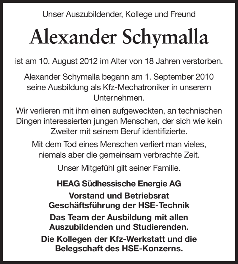  Traueranzeige für Alexander Schymalla vom 18.08.2012 aus Echo-Zeitungen (Gesamtausgabe)